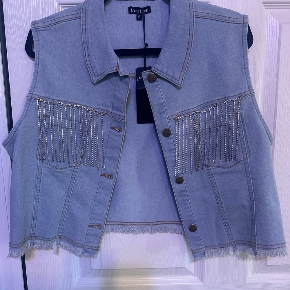 bebe Denim Vest with Fringe